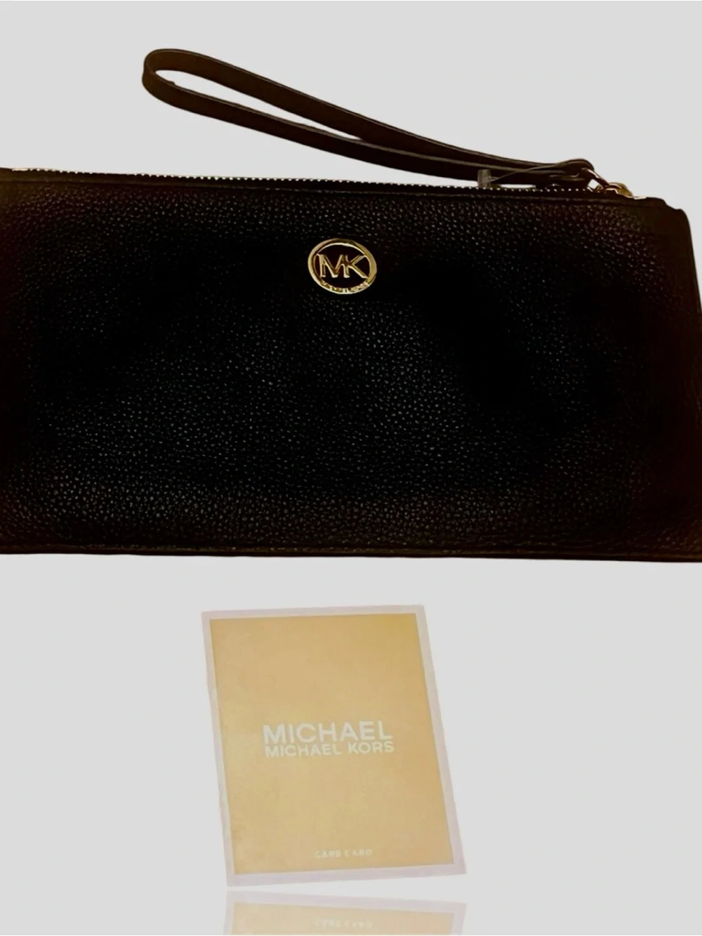 Michael Kors Fulton Zip Clutch Wristlet Wallet Black Leather Gold Logo